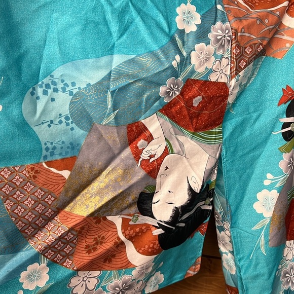 Beautiful Authentic Japanese Vintage Floral Geisha Teal Kimono Robe cotton Japan - Picture 10 of 12